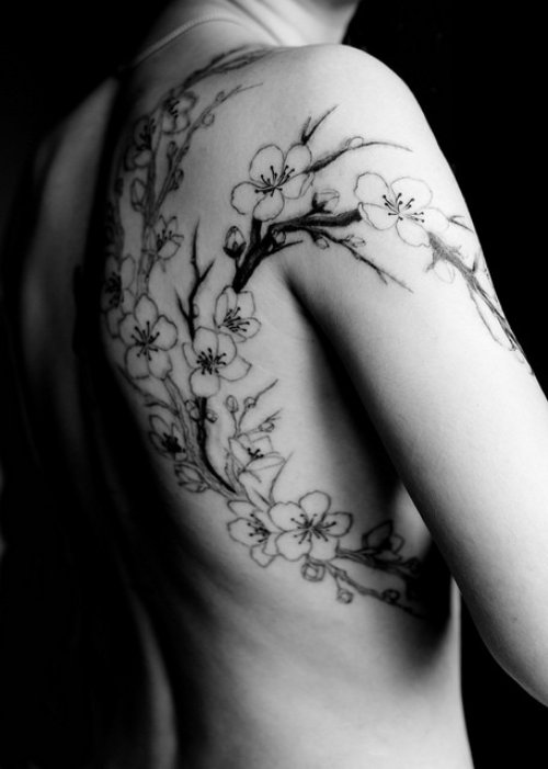 Right Back Shoulder Black And White Flowers Tattoo
